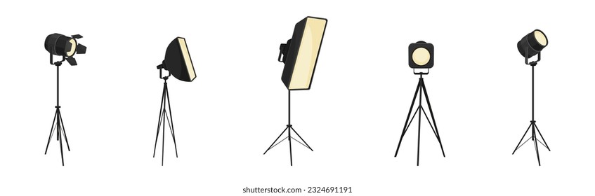 Photographer Studio Lighting Equipment with Spotlight and Lamp Vector Set