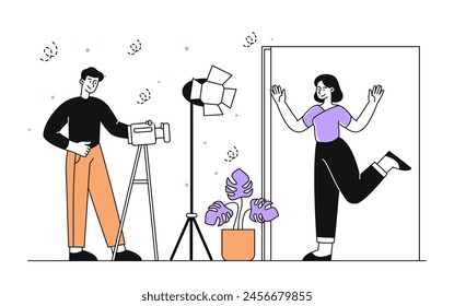 Photographer at studio linear. Man with soft box and photographic equipment near client. CReativity and art. Paparazzi with model. Doodle flat vector illustration isolated on white background