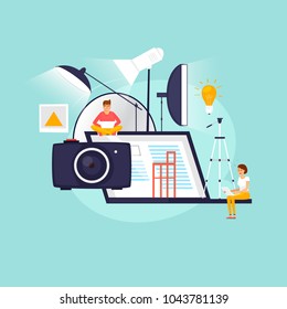Photographer, studio shooting, training, courses, education concept. Flat design vector illustration.