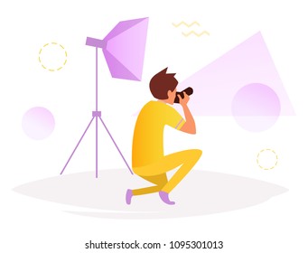 Photographer in the studio Vector. Cartoon. Isolated art on white background. Flat