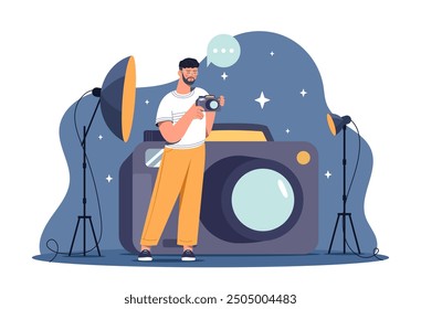 Photographer at studio. Young guy with camera stands near soft boxes. Professional equipment for filming. Cameraman and paparazzi. Flat vector illustration isolated on white background