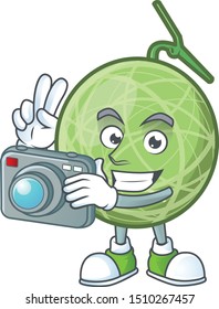 Photographer sweet melon fruit character mascot shape.