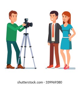 Photographer takes a photo of a beautiful couple. Flat style vector illustration isolated on white background.