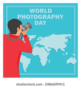 A photographer takes a photo. Stand with the camera. World Photography Day concept.  Flat vector illustration.