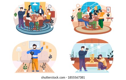 Photographer takes photos of friends having good time together playing games sitting at the table at home or cafe. Happy people are resting, drinking coffee and playing a board game and cards