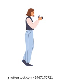 Photographer takes photos with photocamera. Girl holds professional camera and shots, snapshots, creates photographs. Digital photography. Flat isolated vector illustration on white background