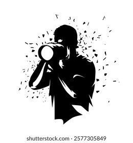 Photographer takes photos with proffesional camera, isolated vector silhouette, distorted illustration