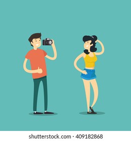 photographer takes a picture of a girl. Vector illustration. 