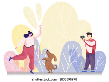 The photographer takes a picture of happy young woman jumping and playing with a cute puppy outdoors. Flat style vector funny game girl with pet illustration, dog and mistresses sunny day in the park