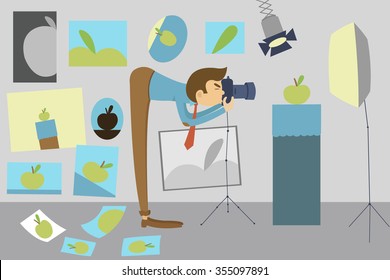 Photographer takes a picture of a still-life with an apple in a studio. Photography training. Vector illustration.