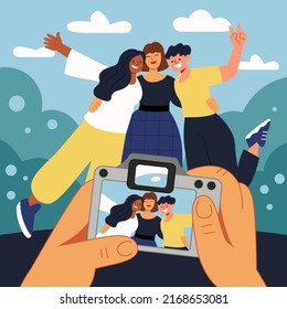 Photographer takes picture of three friends. Hands, camera screen, cheerful girls posing. World phorography day. Flat hand drawn cartoon vector illustration