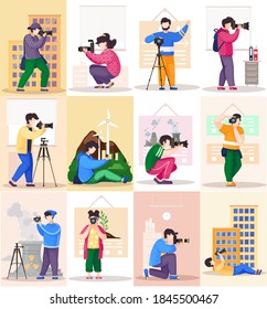 The photographer takes pictures in the office and on the street. Photographic art scenes set. Professional man and woman standing with the camera in his hands. A men prepares camera for a photo shoot