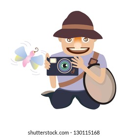 Photographer taking butterfly in close up mode isolated on white, a vector tenth version encapsulated postscript.
