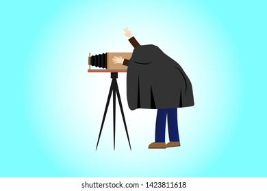 a photographer taking a large format camera with black covered cloth, flat icon