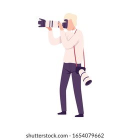 Photographer Taking Photo with Digital Camera, Male Paparazzi, Journalist or Television Correspondent Character Flat Vector Illustration