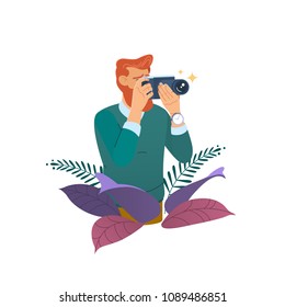 Photographer taking photo with digital camera,Photo studio courses. Vector illustration