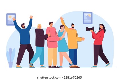 Photographer taking photo of group of friends. Young men and women waving at person with camera flat vector illustration. Photography, communication, friendship, community concept