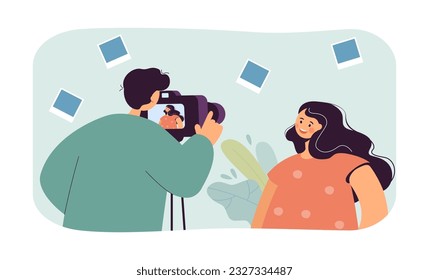 Photographer taking photo of happy woman vector illustration. Cartoon drawing of woman smiling at man with professional camera, photoshoot. World photography day, hobby concept - Powered by Shutterstock - Get 15% off with code: PIKWIZARD15