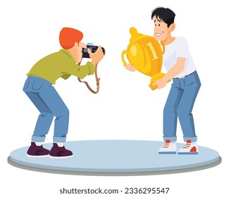 Photographer taking photo of man with gold cup. Funny people. Illustration concept template for website, web landing page, banner, presentation, social, poster, promotion or print media.