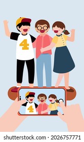 Photographer Taking a photo with mobile phone camera, selfie or live and video call, flat vector illustration