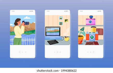 Photographer taking photo of nature with camera. Mobile app screens, vector website banner template. UI, web site design