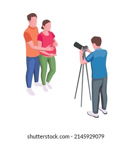 Photographer taking photo of pregnant woman and father 3d isometric isolated vector illustration