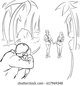 Photographer Taking Photo Of Romantic Couple Walking In Tropical Park Sketch Vector Illustration