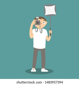 Photographer taking photo with softbox. Vector cartoon man taking picture and holding lightbox.