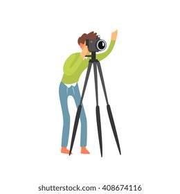 Photographer Taking Photo With Tripod Childish Style Flat Vector Drawing On White Background