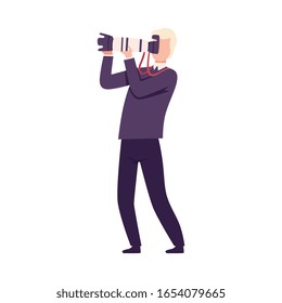 Photographer Taking Photo Using Digital Camera, Paparazzi or Operator Character Flat Vector Illustration