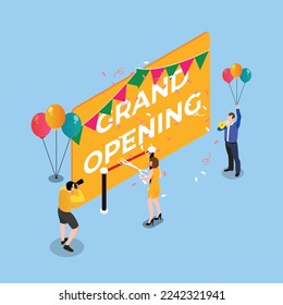 photographer taking photo of woman cutting red ribbon isometric 3d vector illustration concept for banner, website, illustration, landing page, flyer, etc.