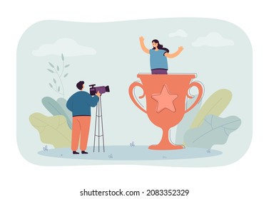 Photographer taking photo of woman in giant gold cup. Man with professional camera, winner in trophy or prize flat vector illustration. Success, achievement, victory concept for banner, website design