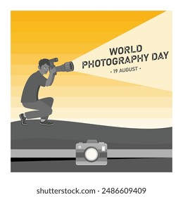 A photographer is taking photos. Celebrating World Photography Day. World Photography Day concept. Flat vector illustration.