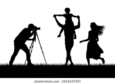 Fotógrafo tirando fotos de pai carregando seu filho pequeno em ombros ao ar livre vetor preto silhueta.	