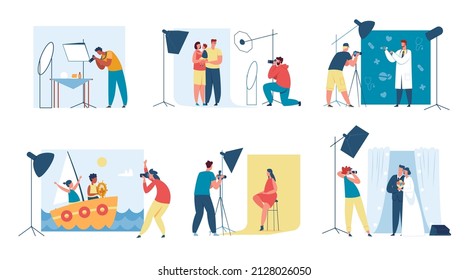 Photographer taking photos of model, family and kids photoshoot. Professional photographers in photo studio with lighting equipment vector set. Illustration of professional photographer with camera