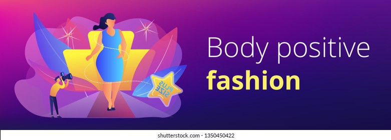 Photographer taking photos of plus size model in runway fashion show. Plus size models, body positive fashion, plus-size clothing modeling concept. Header or footer banner template with copy space.