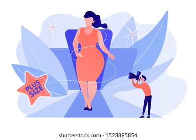 Photographer taking photos of plus size model in runway fashion show. Plus size models, body positive fashion, plus-size clothing modeling concept. Pinkish coral bluevector isolated illustration