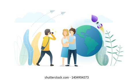 Photographer taking picture flat vector illustration. Happy couple posing for professional artist. Young people making funny photo. Friends travelling around the world, visiting different countries.