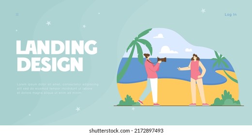 Photographer taking picture of girl in bikini on tropical beach. Man holding photo camera flat vector illustration. Photography, vacation concept for banner, website design or landing web page