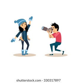 Photographer taking a picture of a girl with skates. Vector Illustration in flat style.