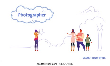 photographer taking a picture of happy family father mother and son standing together posing for photo landscape background full length sketch flow style horizontal