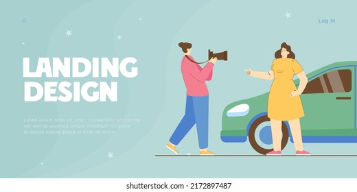 Photographer taking picture of happy girl with new car. Man with professional photo camera flat vector illustration. Photo album, social media concept for banner, website design or landing web page