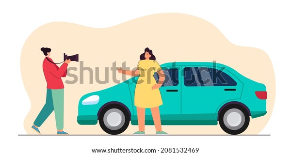 Photographer taking picture of happy girl with new\
car. Man with professional photo camera flat vector illustration.\
Photo album, social media concept for banner, website design or\
landing web page