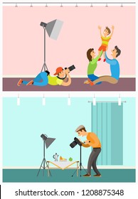 Photographer taking picture of parents and kid, cameraman photographing food making still life pictures, cameraman freelancer working in photo studio vector