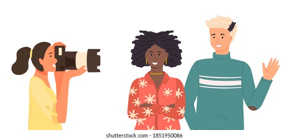 Photographer taking a picture of a young people in casual clothes, flat vector Illustration. Woman with photo camera on white background makes a shoot for friends guy and african american girl