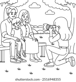 Fotograf fotografiert eine Familie in der Park Umriss Färbung Seite. Illustration zum Tag der Arbeit