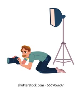 Photographer taking pictures, shooting from low angle, kneeling, cartoon vector illustration on white background. Professional photographer, photo journalist, reporter crunching, kneeling on ground