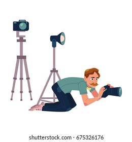 Photographer taking pictures, shooting from low angle, kneeling, cartoon vector illustration on white background. Professional photographer, photo journalist, reporter crunching, kneeling on ground