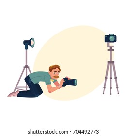 Photographer taking pictures, shooting from low angle, kneeling, cartoon vector illustration with space for text. Professional photographer, photo journalist, reporter crunching, kneeling on ground