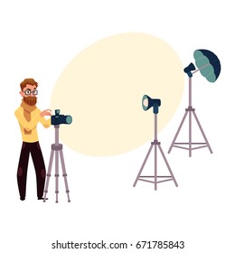 Photographer taking pictures, shooting in studio, photo equipment, camera, flash, tripods, cartoon vector illustration with space for text. Photographer working in studio, professional photo equipment